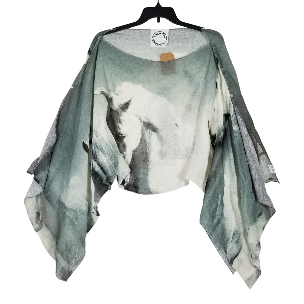 A Rare Bird Poncho Top Womens One Size Green Horse Print Linen Button Detail